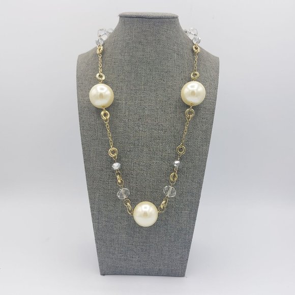 Necklace gold Toned Faux Jumbo Chunky Pearl Faceted Clear Resin Beads Ring Rope - Picture 1 of 8